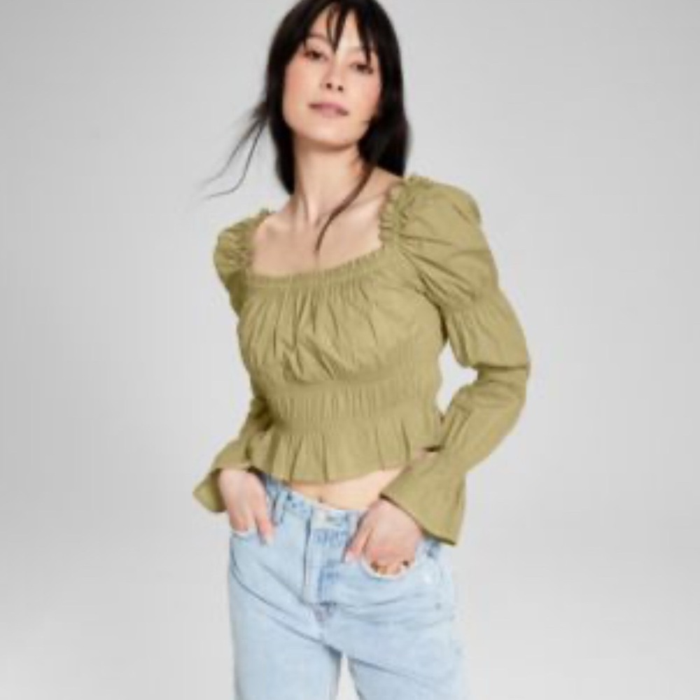 🆕 PTP 16” 💚And Now This Olive Crop Peasant Top with Flared Long Sleeves – XL 🆕